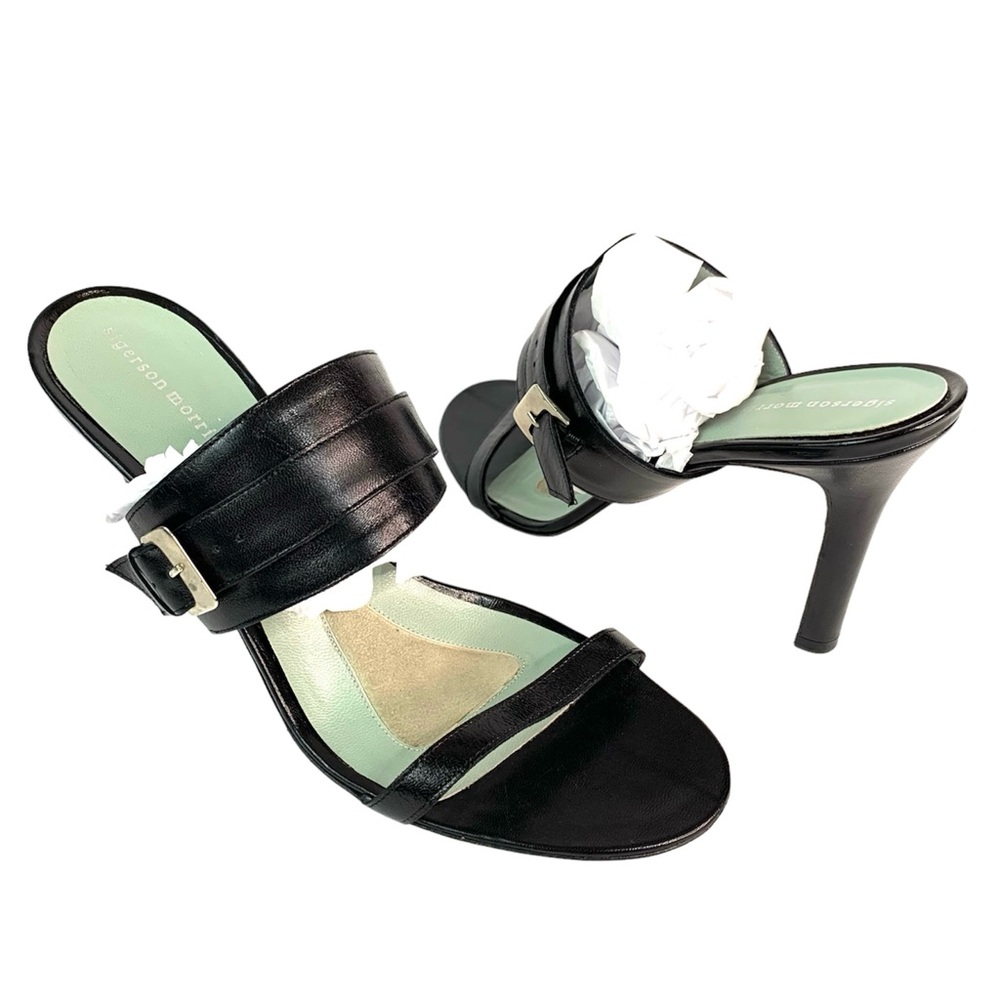 Vintage Sigerson Morrison Black Leather Heel Sandals Size 8.5 Buckle Y2k